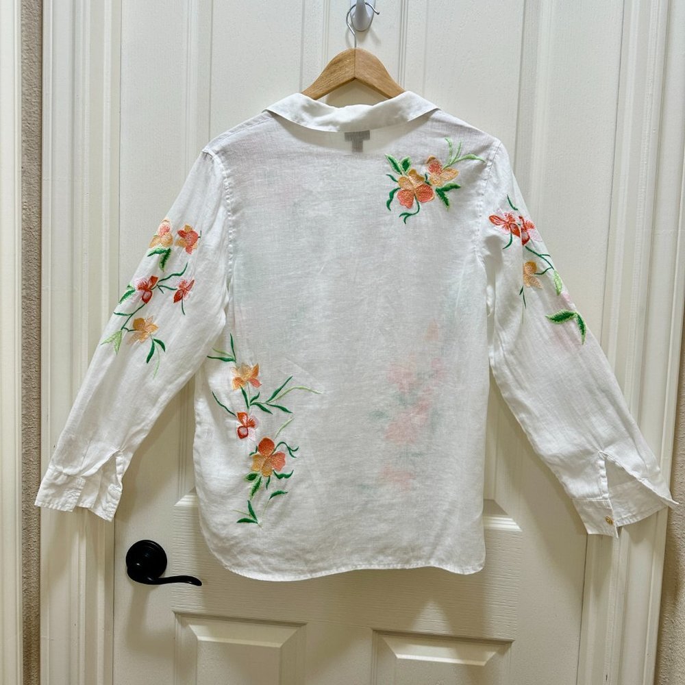 J.Jill 100% Linen Embroidery Shirt Blouse Women's Size S White Floral Button Up - Picture 15 of 16